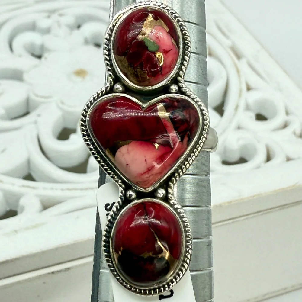 Sterling Silver Red Dahlia Turquoise Triple Stone Statement Ring – Size 8 (10.4g